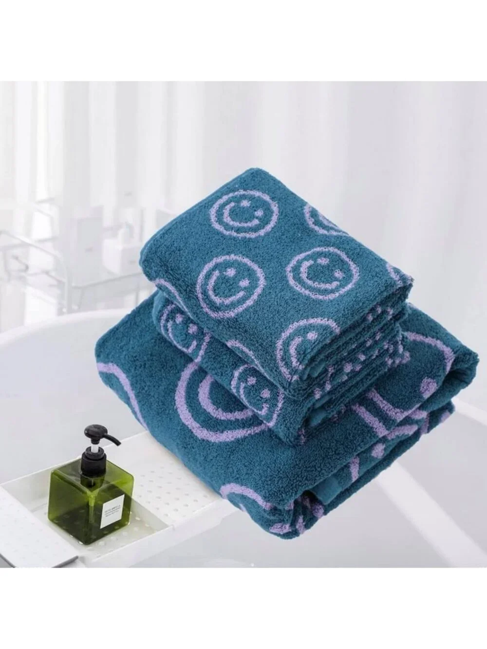Soft 100% Cotton Luxury Smiley Face Bath Towel Set - Purple & Green Washcloths